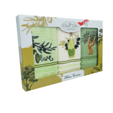 Set 3 prosoape bucatarie bumbac 100% cu broderie Olive verde 30x50 cm in cutie eleganta