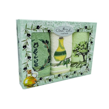 Set 3 prosoape bucatarie bumbac 100% cu broderie Olive Oil verde si crem 30x50 cm in cutie eleganta