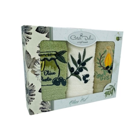 Set 3 prosoape bucatarie bumbac 100% cu broderie Olive Oil verde si crem 30x50 cm in cutie eleganta