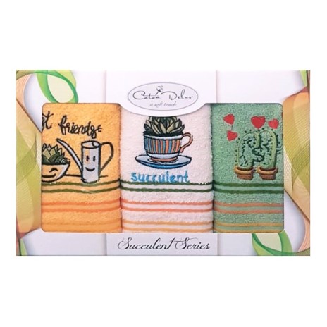 Set 3 prosoape bucatarie cu broderie, bumbac 100%, Succulent