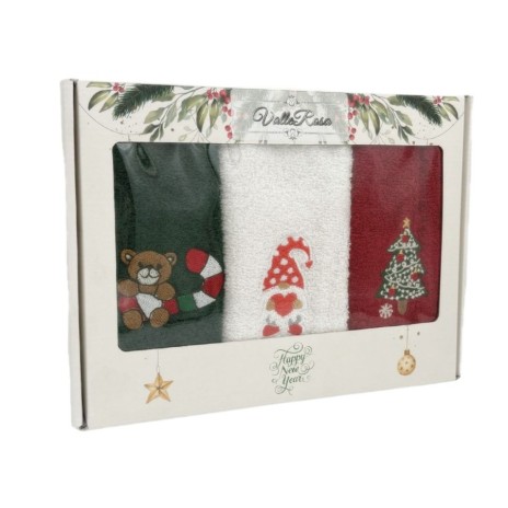 set 3 prosoape bucatarie Craciun bumbac 100% cu broderii ursulet spiridus si brad