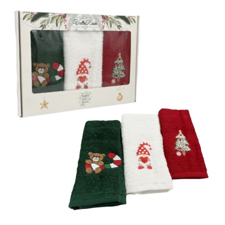 set 3 prosoape bucatarie Craciun bumbac 100% cu broderii ursulet spiridus si brad