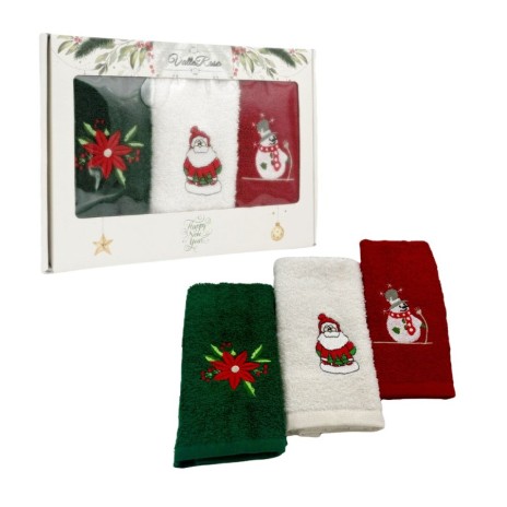 set 3 prosoape bucatarie Craciun bumbac 100% cu broderii floare Mos Craciun si om de zapada