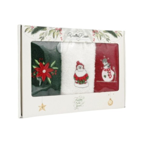 set 3 prosoape bucatarie Craciun bumbac 100% cu broderii floare Mos Craciun si om de zapada