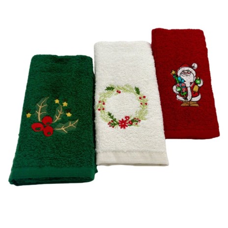set 3 prosoape bucatarie Craciun bumbac 100% cu broderii vasc coronita si Mos Craciun
