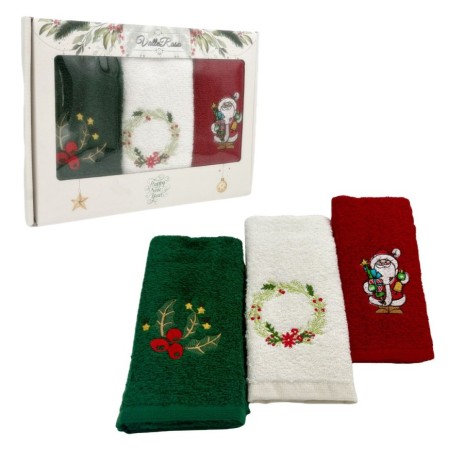 set 3 prosoape bucatarie Craciun bumbac 100% cu broderii vasc coronita si Mos Craciun