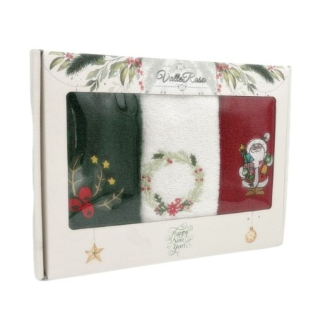 set 3 prosoape bucatarie Craciun bumbac 100% cu broderii vasc coronita si Mos Craciun