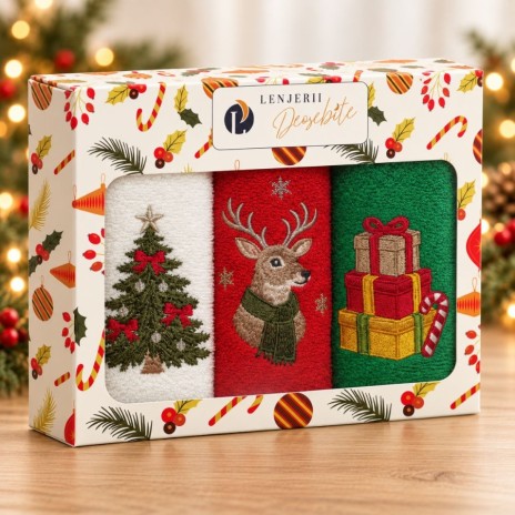 Set 3 prosoape Bucuria Craciunului, alb, rosu si verde, cu broderii brad, ren cu fular si cadouri, in cutie festiva