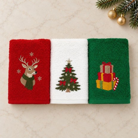 Set 3 prosoape Bucuria Craciunului, alb, rosu si verde, cu broderii brad, ren cu fular si cadouri, in cutie festiva