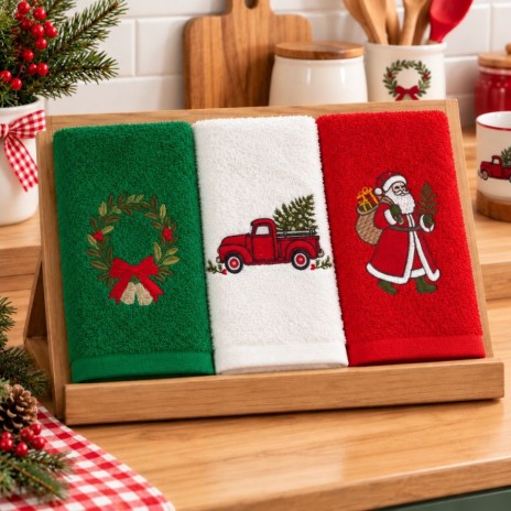 Set 3 prosoape Poveste de Craciun, alb, rosu si verde, cu broderii Mos Craciun, camioneta cu brad si coronita, in cutie cadou