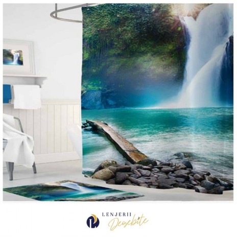 Set 3D perdea dus cu inele 180x200cm + covoras baie 50x80cm, Cascada