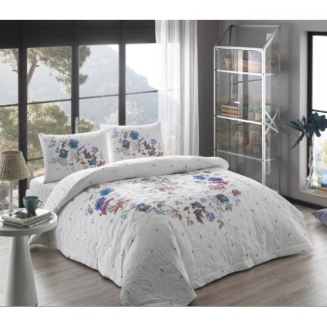 Set 4 anotimpuri alb cu flori colorate, model Sander Mavi - Bumbac 100%