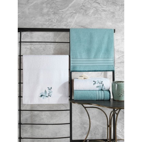 Set 4 prosoape bumbac 100%, cu broderie, Cotton Box, Colorful Verde Menta/Alb