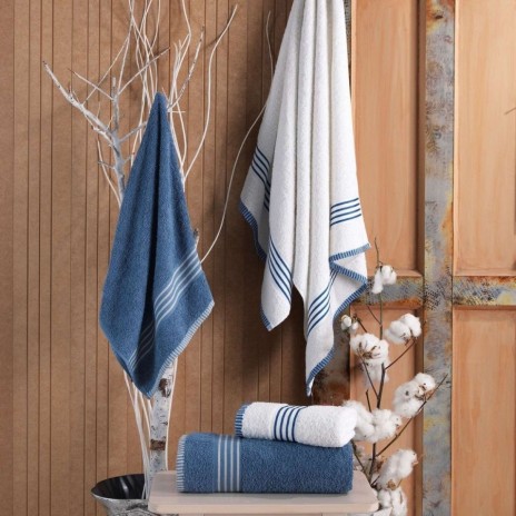 Set 4 prosoape bumbac Oscar crem si albastru cu dungi, Eponj Home