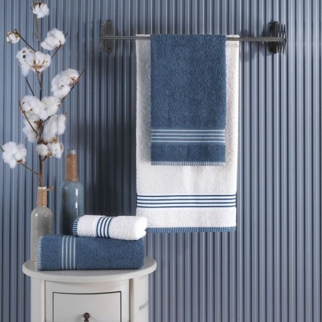 Set 4 prosoape bumbac Oscar crem si albastru cu dungi, Eponj Home