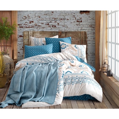 Set 5 piese, lenjerie de pat + patura, Iris Denim