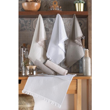 Set 6 prosoape bucatarie, bumbac 100%,40x60 cm,Saheser,Stripe Bej