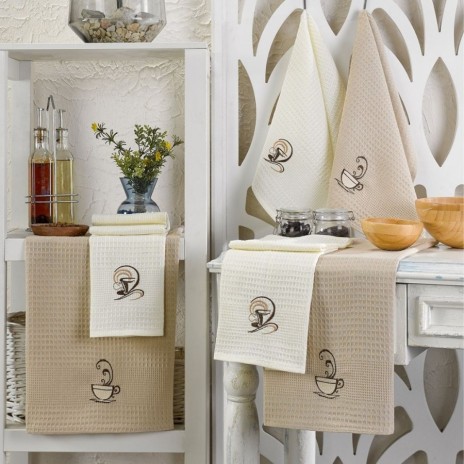 Set 6 prosoape bucatarie cu broderie cu cafea, 40x60cm, Eponje Home