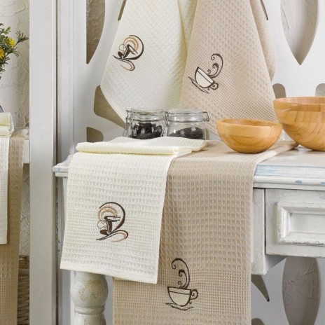 Set 6 prosoape bucatarie cu broderie cu cafea, 40x60cm, Eponje Home