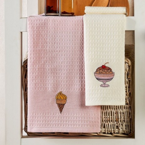Set 6 prosoape bucatarie cu broderie cu inghetata pe fundal roz si crem, 40x60cm, Eponje Home