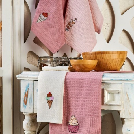 Set 6 prosoape bucatarie cu broderie cu inghetata pe fundal roz si crem, 40x60cm, Eponje Home