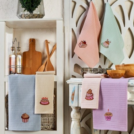 Set 6 prosoape bucatarie cu broderie cu prajituri delicioase, 40x60cm, Eponje Home