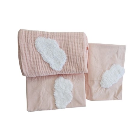 Set bebeluși - lenjerie și pled muselină cu broderii în relief, Cloud Pink