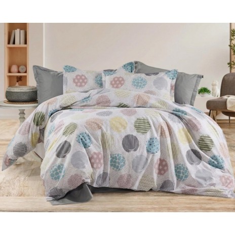 set cearceafuri 4 piese din bumbac satinat cu cercuri multicolore, 2 cearceafuri pat 220x240 cm si 2 fete perna 52x72 cm