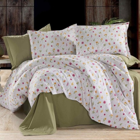 set cearceafuri din bumbac satinat cu flori de camp, 2 cearceafuri pat 220x240 cm si 2 fete perna 52x72 cm