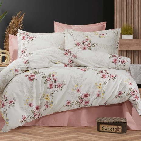 set cearceafuri din bumbac satinat cu flori de cires, 2 cearceafuri pat 220x240 cm si 2 fete perna 52x72 cm