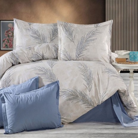 set cearceafuri 4 piese din bumbac satinat cu frunze, 2 cearceafuri pat 220x240 cm si 2 fete perna 52x72 cm