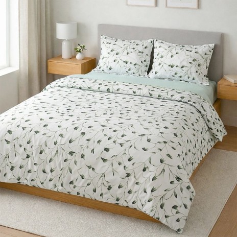 set cearceafuri 4 piese din bumbac satinat frunze verzi, 2 cearceafuri pat 220x240 cm si 2 fete perna 52x72 cm