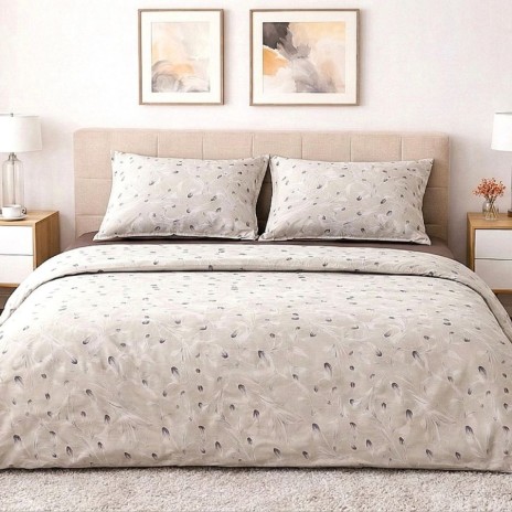 set cearceafuri 4 piese din bumbac satinat pene bej, 2 cearceafuri pat 220x240 cm si 2 fete perna 52x72 cm
