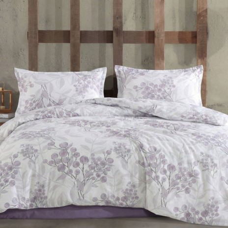 set cearceafuri 4 piese din bumbac satinat cu ramuri lila, 2 cearceafuri pat 220x240 cm si 2 fete perna 52x72 cm