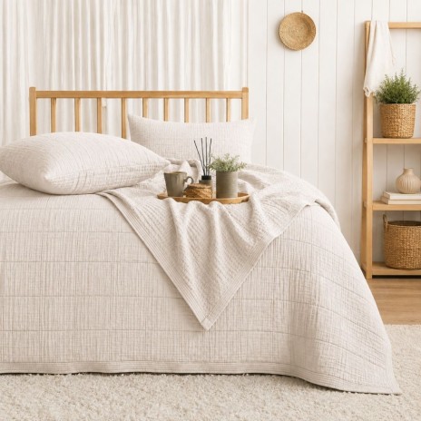 set cuvertură din muselină 240x260 cm Sortie Crem cu două fețe de pernă