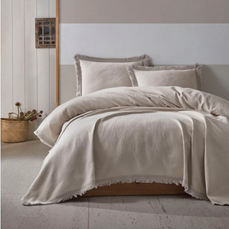 Set cuvertura jacquard bumbac 240x260cm, Grace Bej, cu model discret