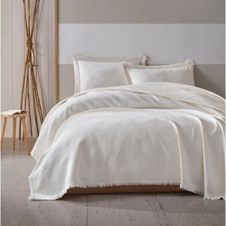 Set cuvertura jacquard bumbac 240x260cm, Grace Ecru, cu model in relief si margini franjurate