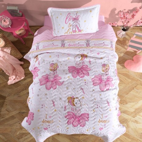 Set cuvertură matlasată cu balerine roz pentru fetițe, bumbac 100%