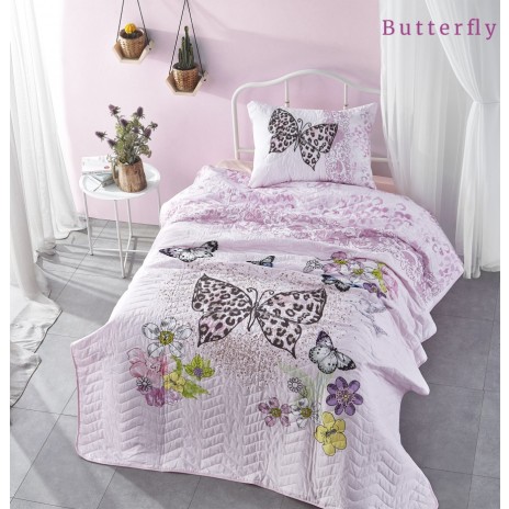 Set cuvertura matlasata + 1 fata perna bumbac 100%, Club Cotton, Butterfly