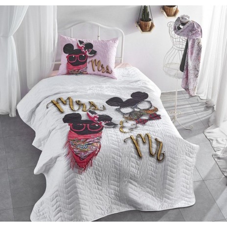 set cuvertura matlasata Poppy bumbac 100% Club Cotton model Mr & Mrs