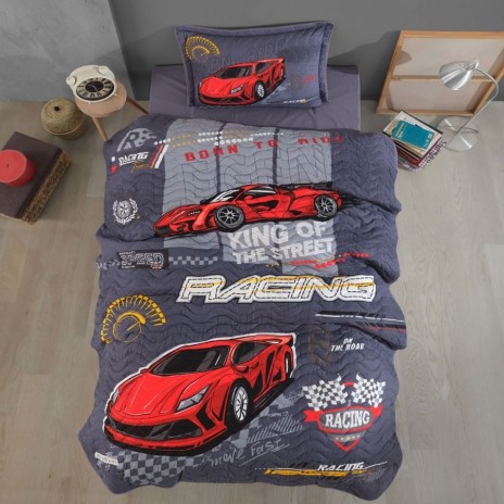 Set cuvertura pat copii cu masini de curse rosii Racing Team bumbac 100%
