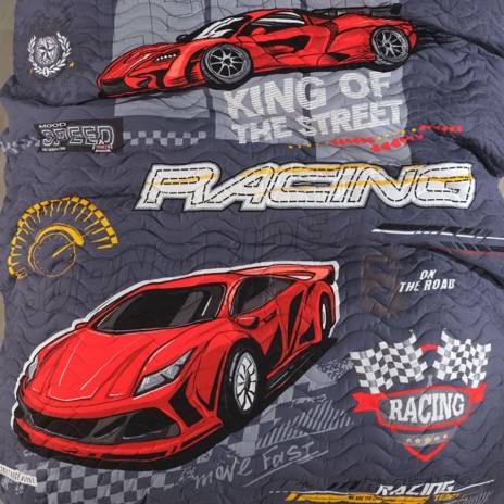 Set cuvertura pat copii cu masini de curse rosii Racing Team bumbac 100%