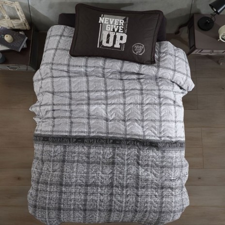 Set ccuvertura pat adolescenti gri carouri bumbac never give up mesaj motivational
