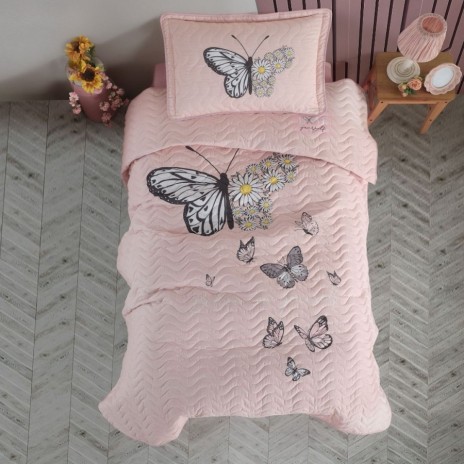 Set cuvertura roz din bumbac, roz cu fluturi si margarete Daisy Love