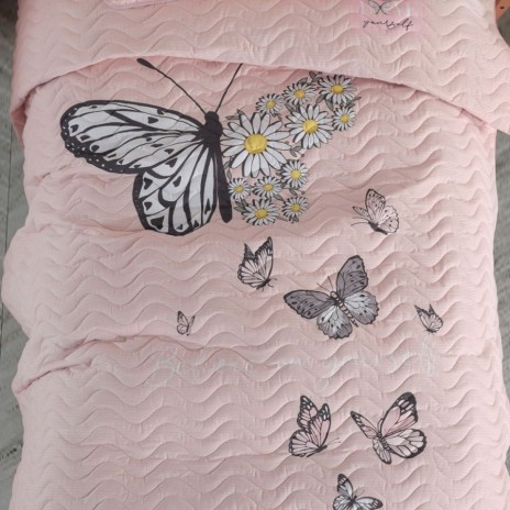Set cuvertura roz din bumbac, roz cu fluturi si margarete Daisy Love