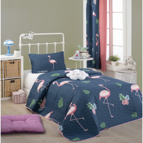 Set cuvertura matlasata + 1 fata perna, Eponj Home, Flamingo Bleumarin