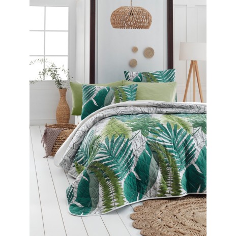 Set cuvertura matlasata + 2 fete perna bumbac 100%, 225x240cm, Nui Green