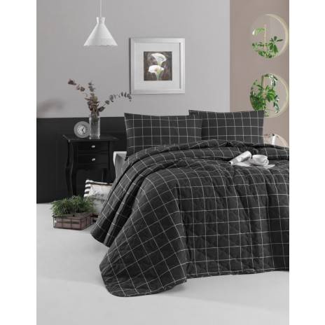 Set cuvertura matlasata + 2 fete perna bumbac 100%, 225x240cm, Piga (negru)