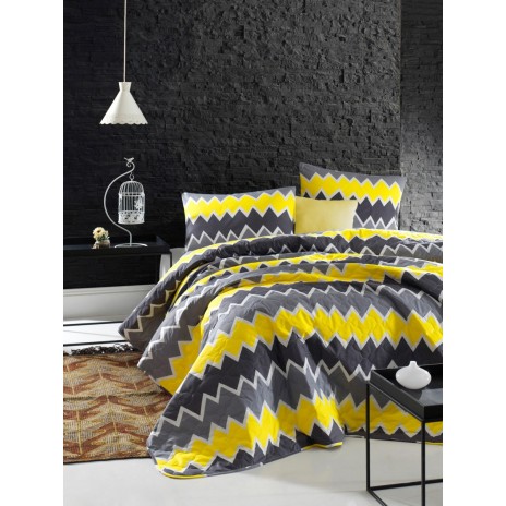 Set cuvertura matlasata + 2 fete perna bumbac 100%, 225x240cm, Zigros Yellow