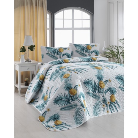 Set cuvertura matlasata Custom Ananas 200x220 cm cu 2 fete de perna, design tropical cu frunze si ananas